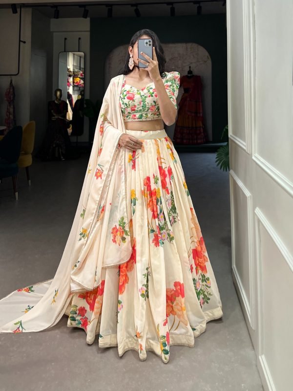 Cream Colour Floral Print Cinon Silk Lehenga Choli